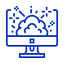 Icono de una nube azul y un gráfico con una pequeña figura, que simboliza la computación en la nube y el análisis de datos.
