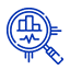Icono de línea azul de una lupa sobre un gráfico de barras con un símbolo de apretón de manos en su interior.