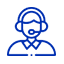 Icono azul lineal de un agente de soporte con auriculares y los brazos cruzados