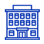 Icono lineal azul de un edificio con ventanas y una entrada central