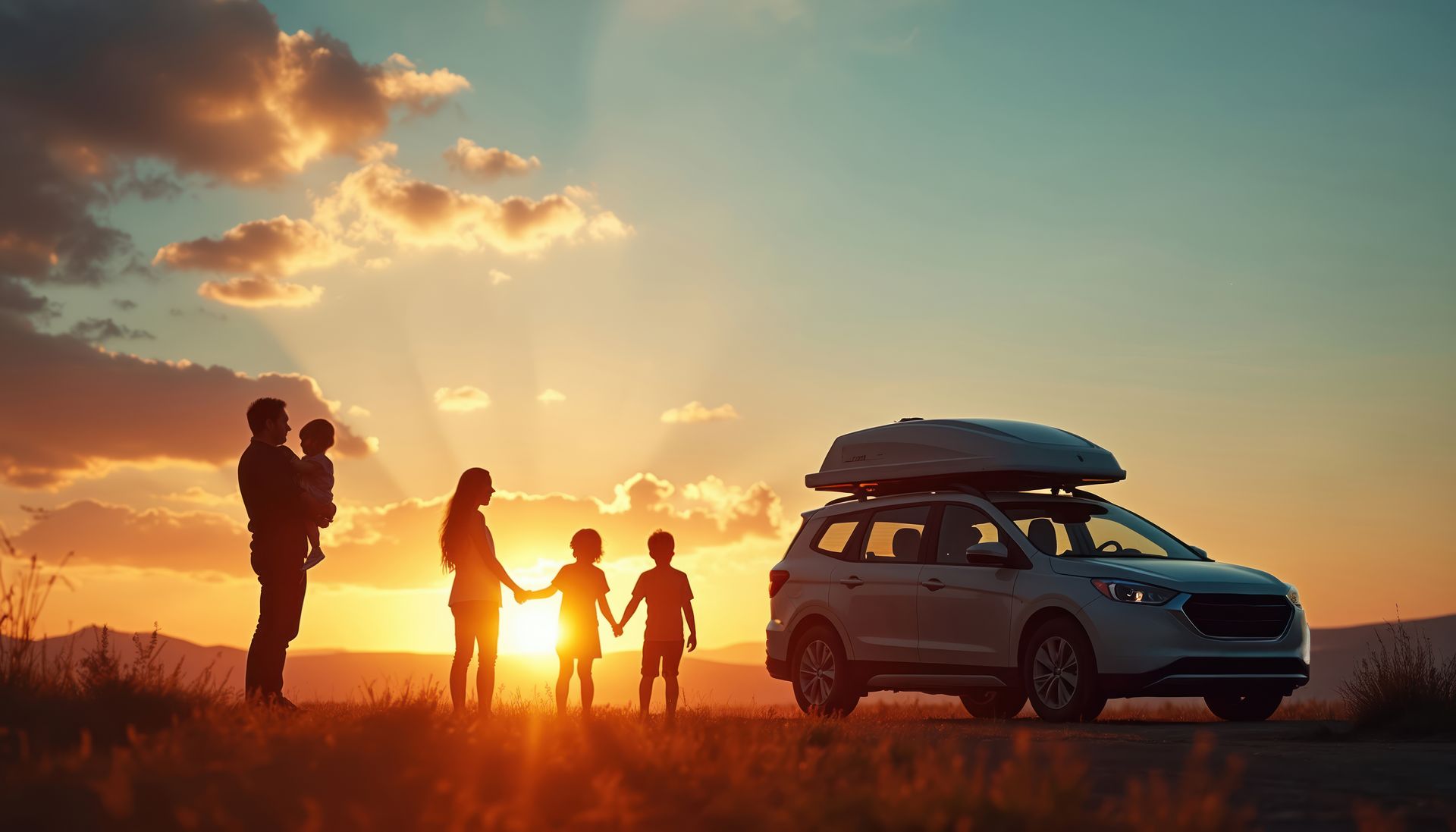 Famille avec un coucher de soleil et une voiture