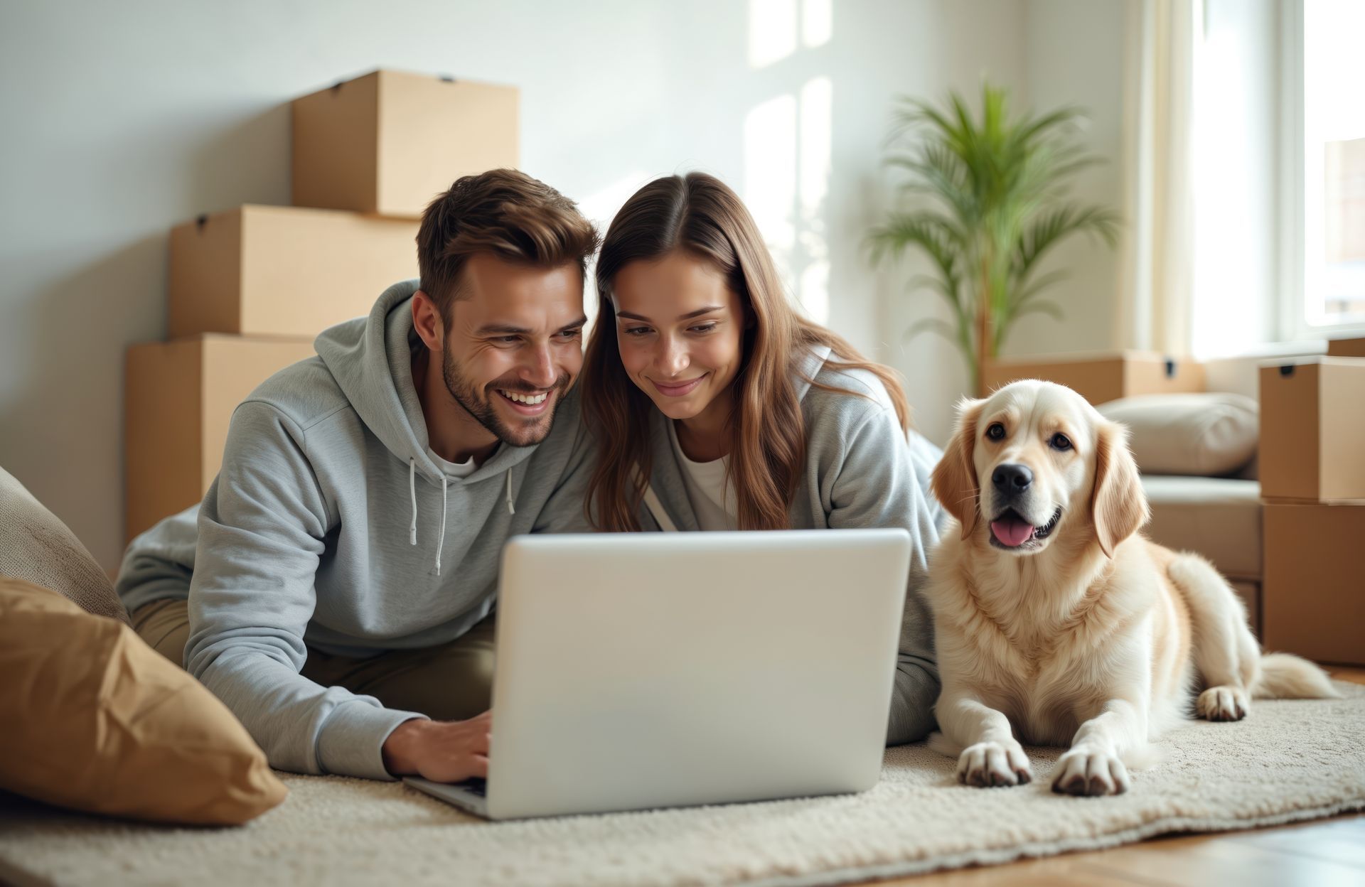 Couple avec un chien beige
