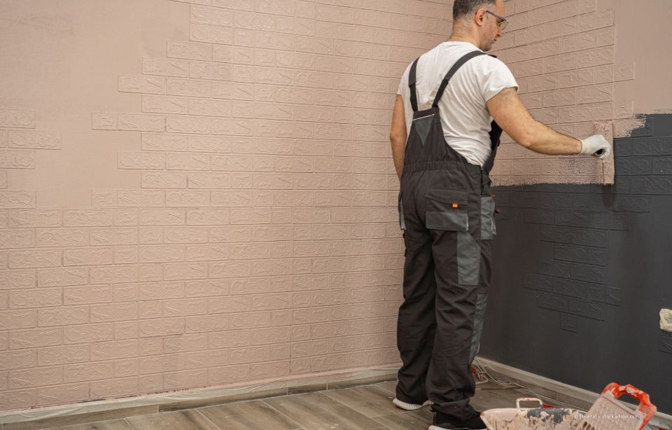 Mann im Overall trägt mit einer Kelle dunkle Farbe auf eine strukturierte Wand auf.