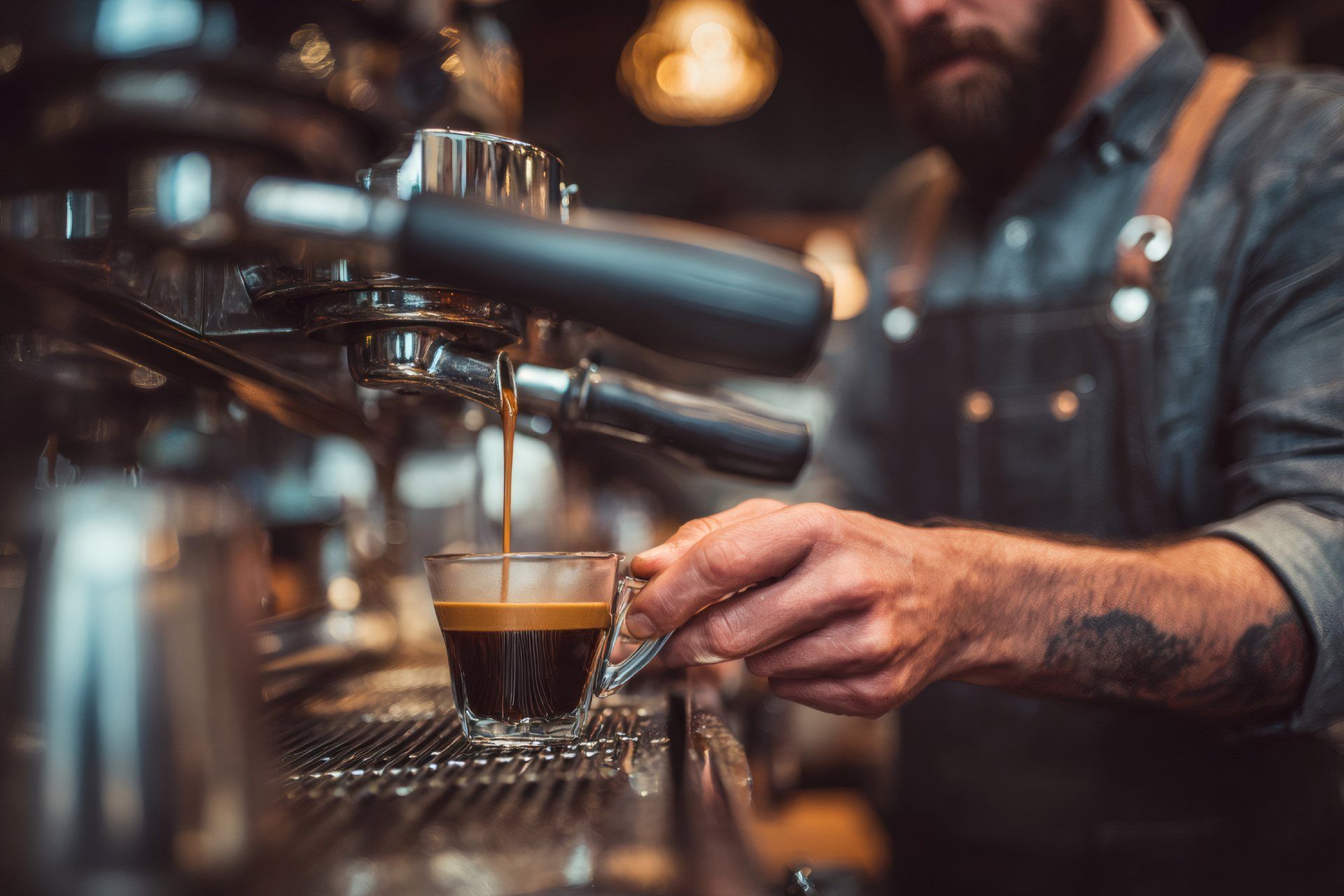 Barista vertiendo café expreso en una taza de vidrio desde una máquina de café expreso.