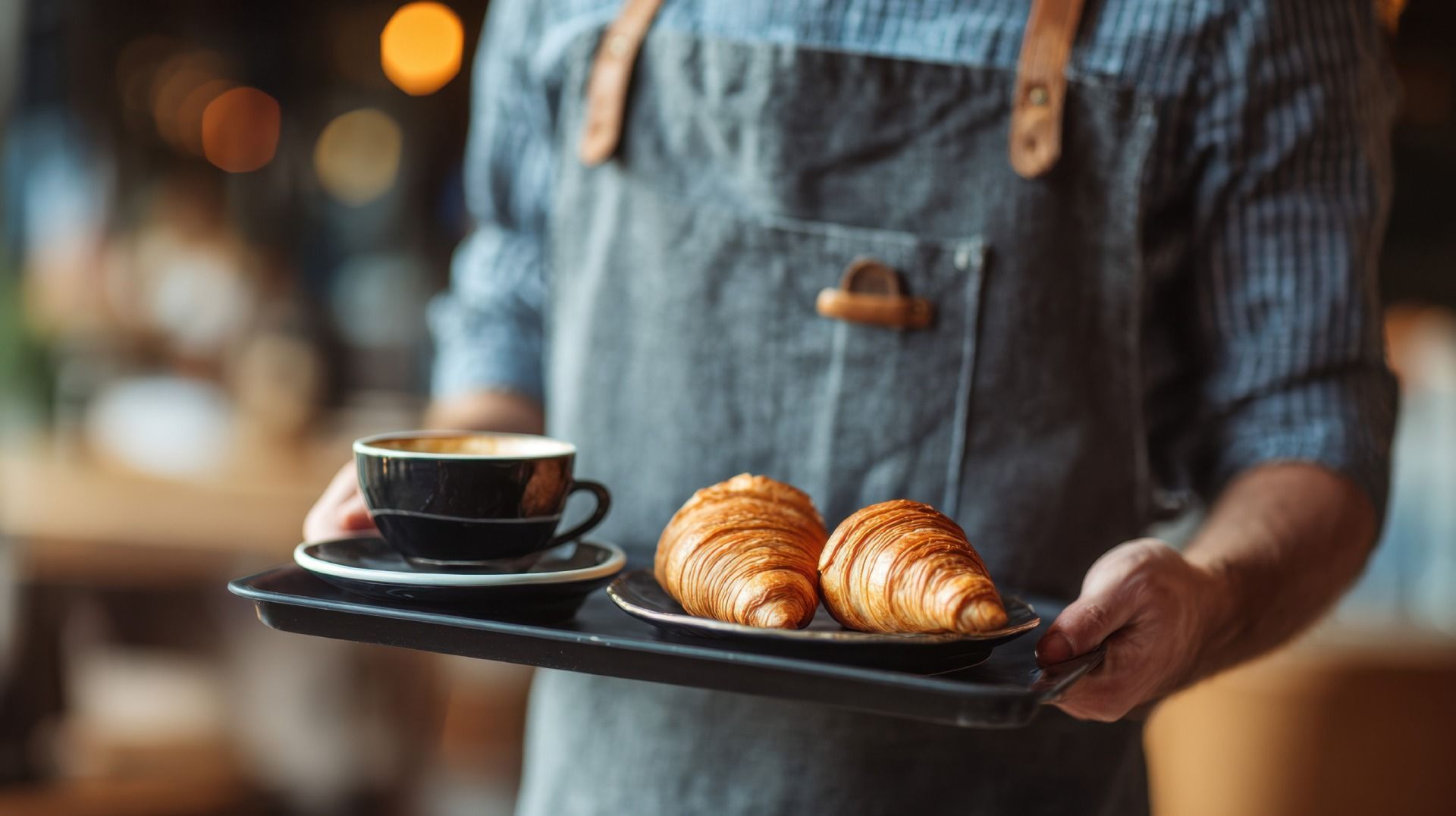 Persona con delantal sosteniendo una bandeja con una taza de café y dos croissants.