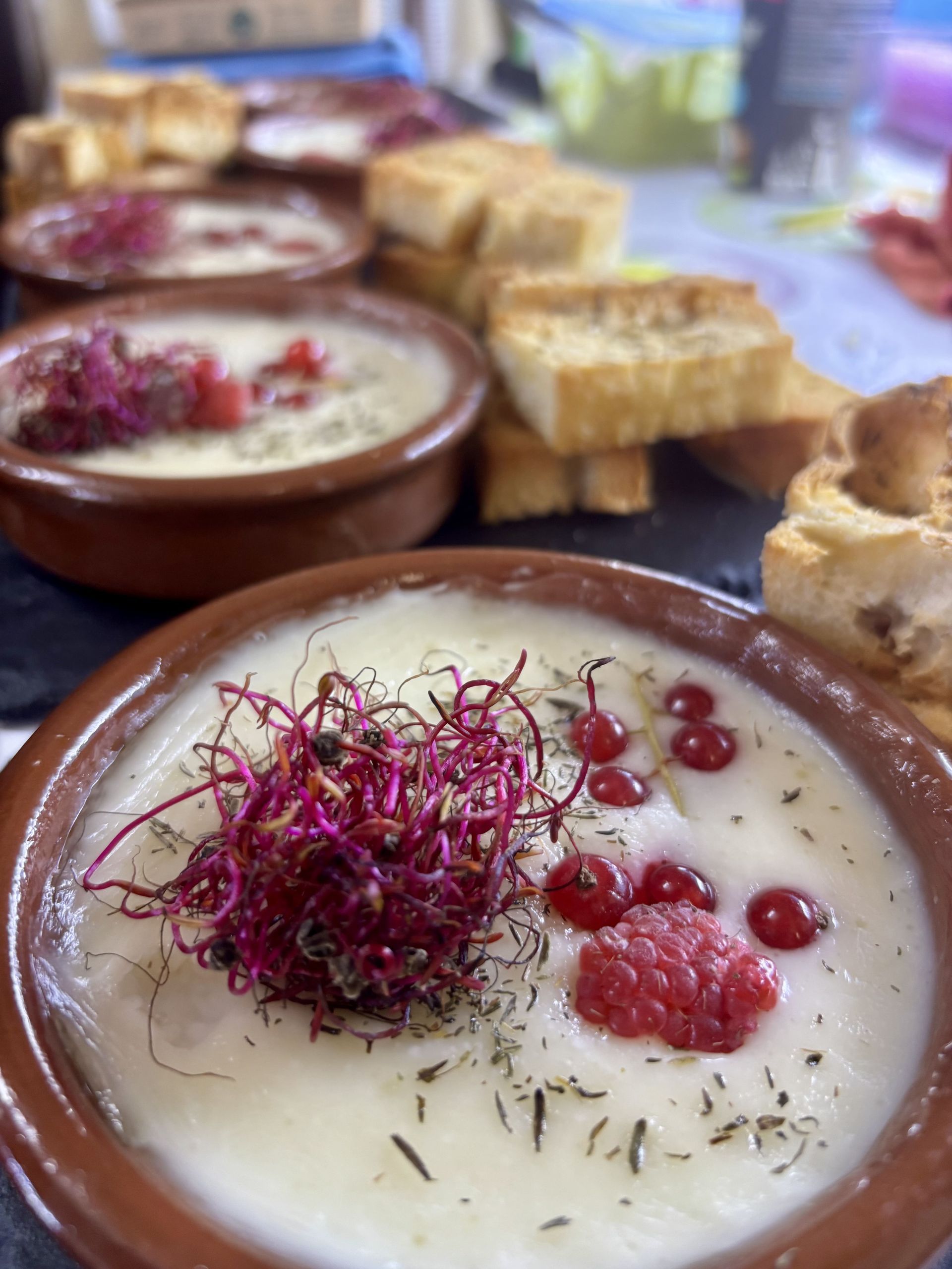 Moldes individuales de cremoso plato con queso, adornados con frutos rojos y hierbas, servidos con pan tostado.