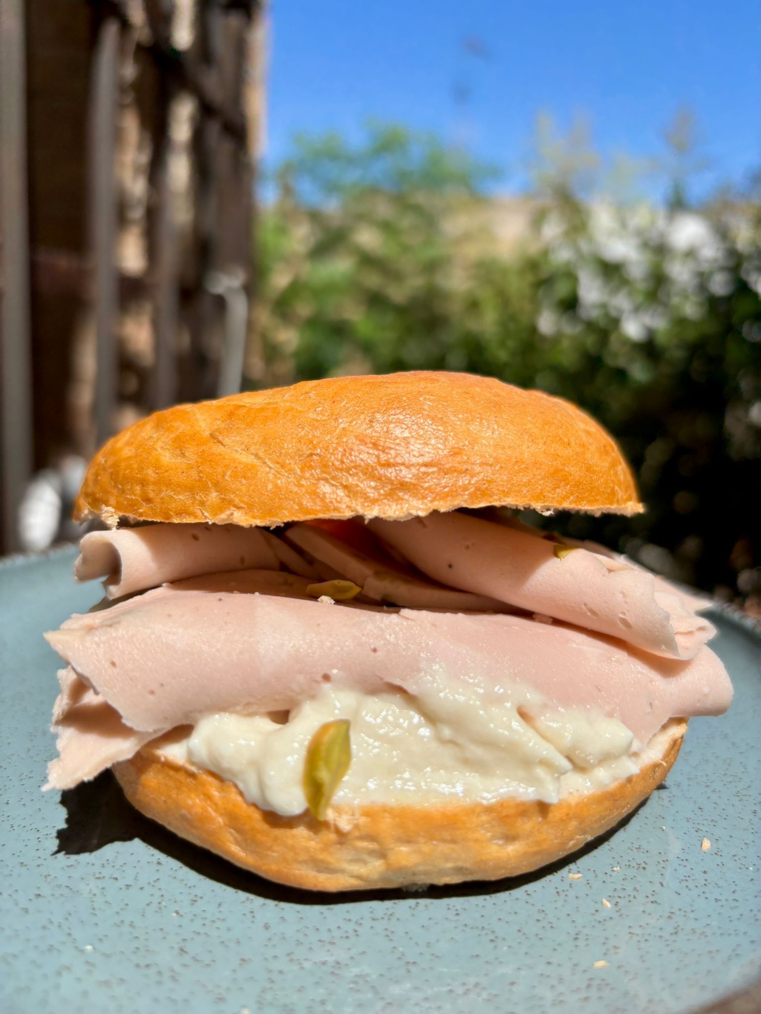 Sándwich en plato azul, con carne en rodajas, pasta blanca y pepinillos en pan. Al aire libre.