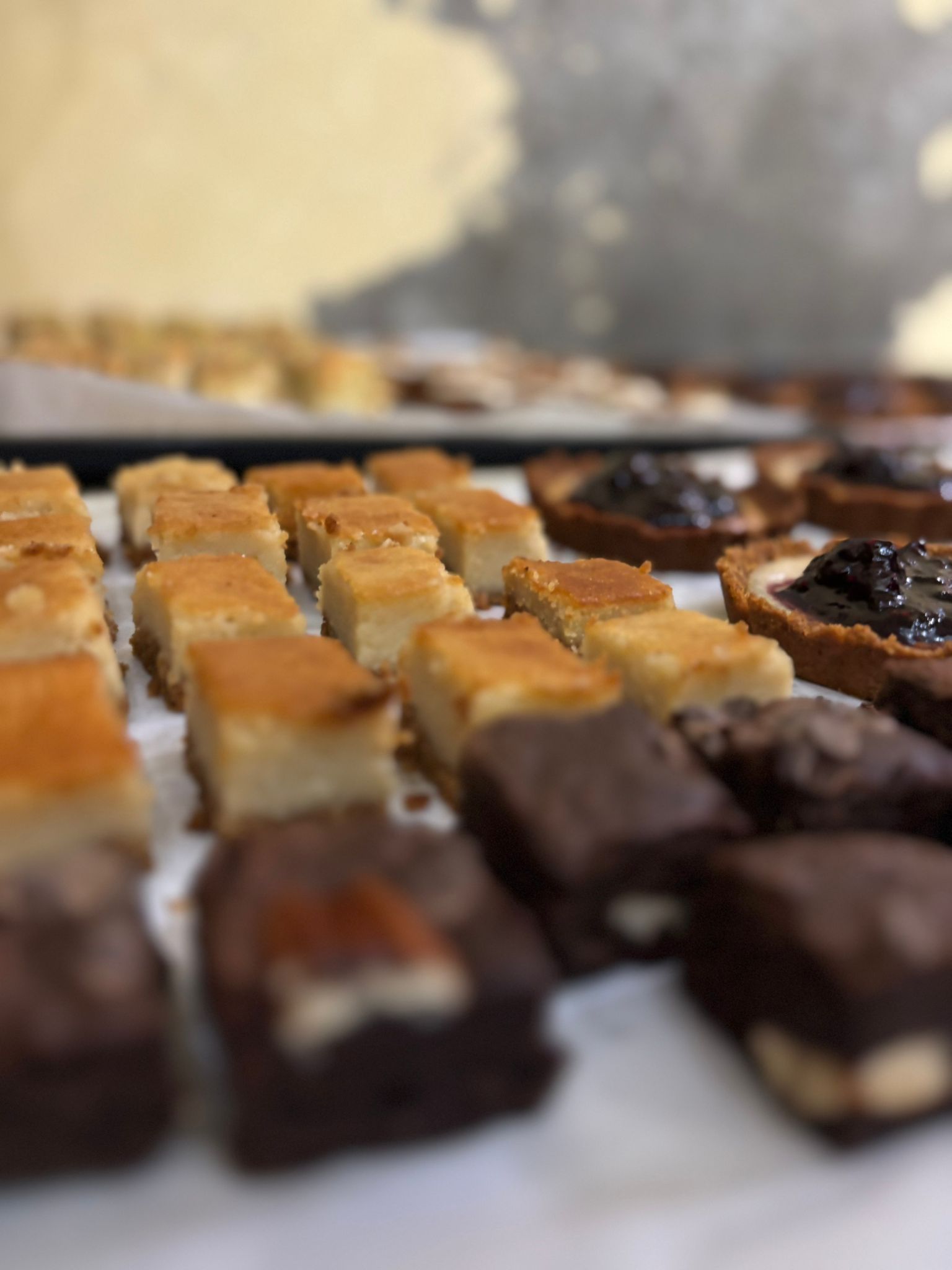 Filas de diversos productos horneados pequeños en una bandeja, incluidos brownies, blondies y tartas.