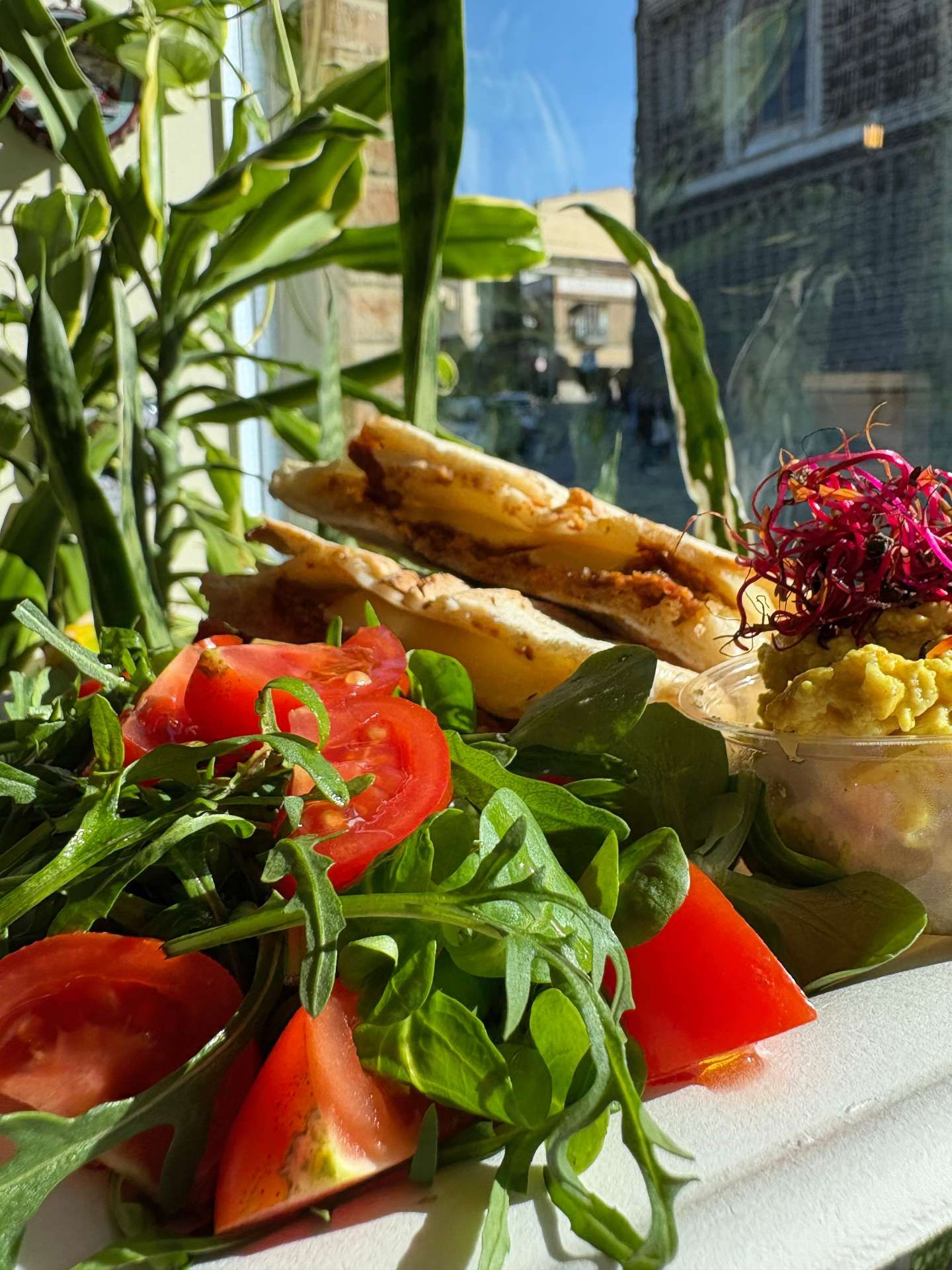 Ensalada con rodajas de tomate y rúcula, junto a hummus con microgreens y sándwich de rodajas junto a una ventana con vegetación.