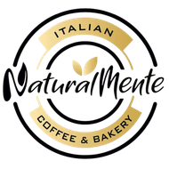 Logotipo de la cafetería y panadería italiana Naturalmente en negro y dorado con diseño circular.