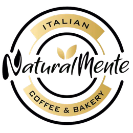 Logotipo de la cafetería y panadería italiana Naturalmente en negro y dorado con diseño circular.