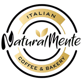 Logotipo de la cafetería y panadería italiana Naturalmente en negro y dorado con diseño circular.