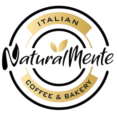 Logotipo de la cafetería y panadería italiana Naturalmente en negro y dorado con diseño circular.