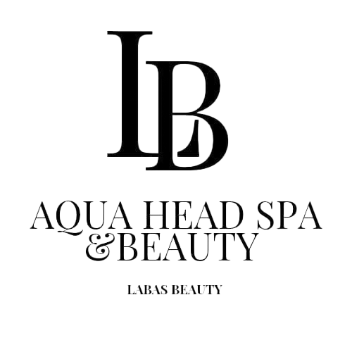 Logotipo de Labas Beauty Aqua Head Spa & Beauty con el monograma LB en negro sobre fondo blanco.