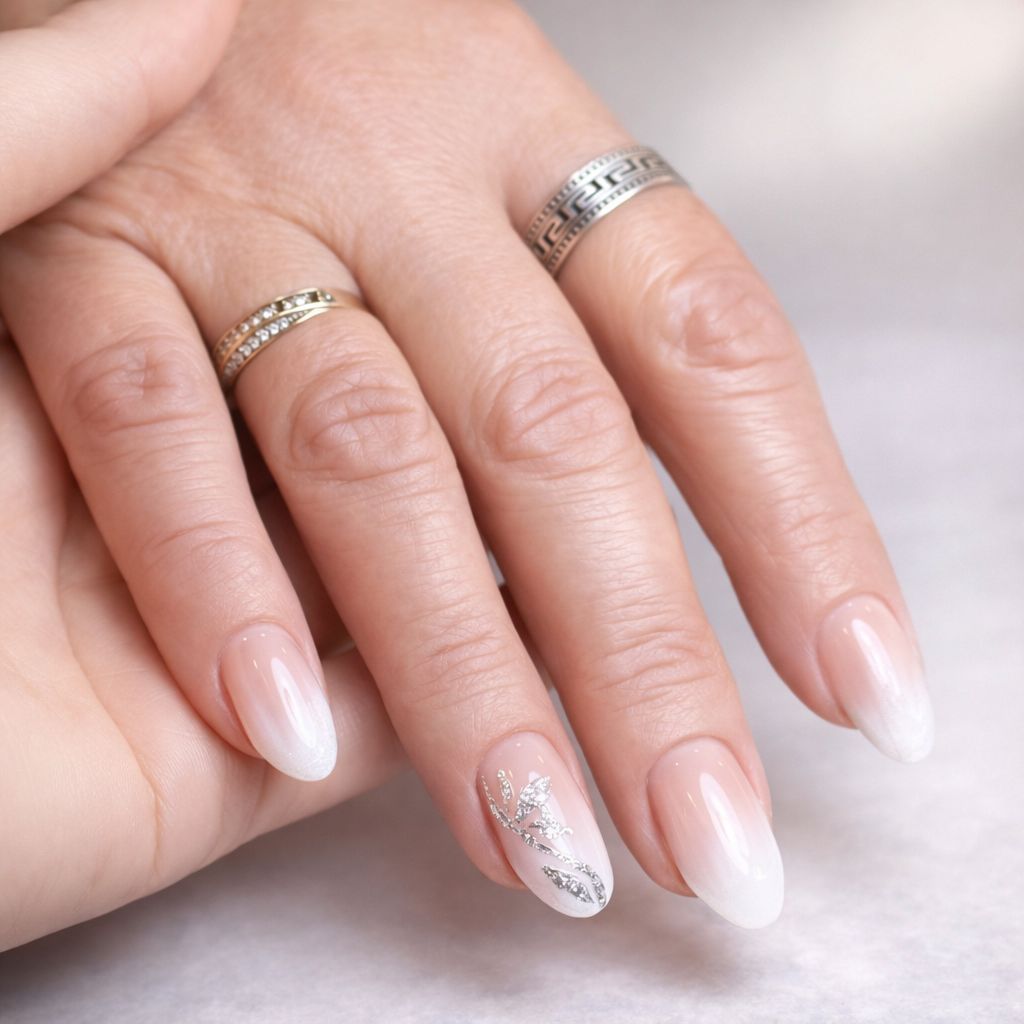 Primer plano de una mano con uñas almendradas con efecto degradado en blanco y nude, una de ellas con delicados detalles en lámina plateada.