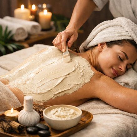 Una persona, con los ojos cerrados, recibe un relajante tratamiento de espalda en un spa, con una mascarilla aplicada con brocha en un ambiente iluminado con velas.
