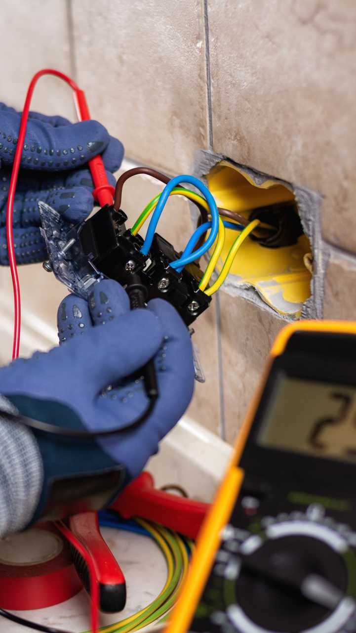 Un électricien en gants bleus teste des fils avec un multimètre près d'une prise.
