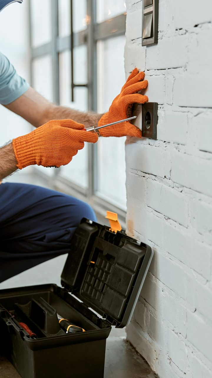 Électricien en gants orange utilisant un tournevis sur une prise électrique sur un mur de briques blanches.
