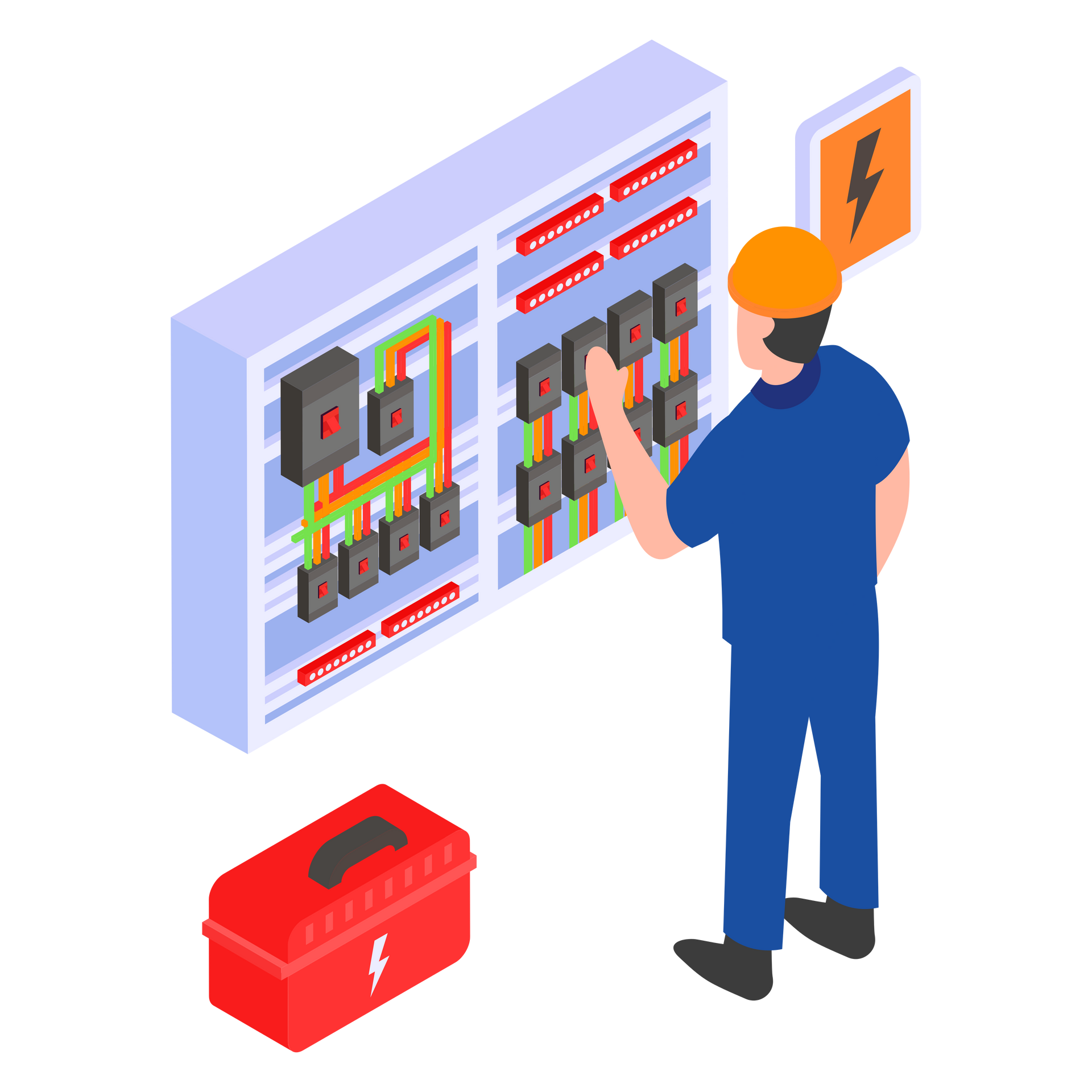 Électricien en uniforme bleu et casque orange vérifiant le panneau électrique. Boîte à outils rouge posée au sol.