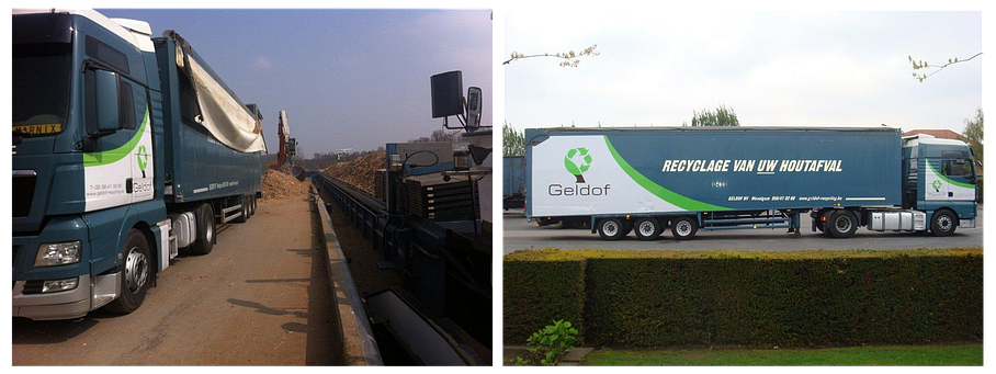 À gauche, un camion de Geldof déchargeant ses matières premières en bois recyclé. À droite, un camion de l'entreprise Geldof au dépôt.
