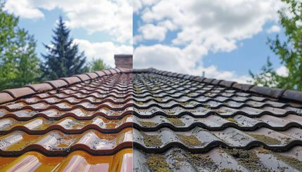 Tuiles de toit, avant et après nettoyage, présentant un contraste de couleur avec un fond de ciel bleu.