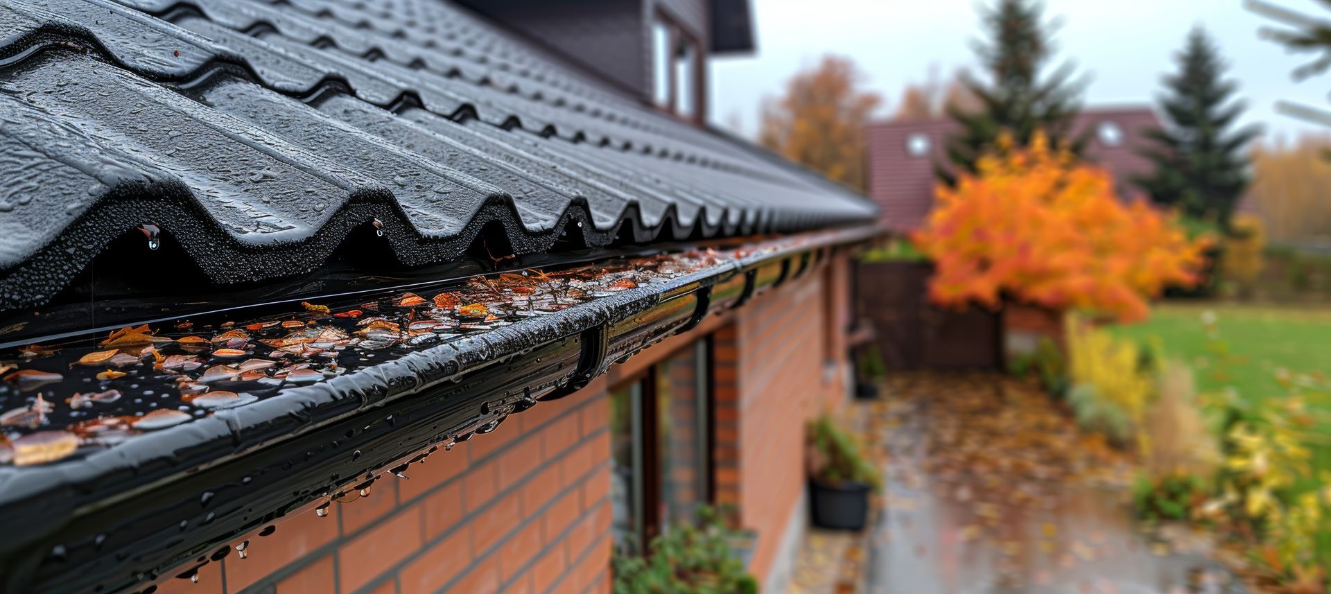 Gouttes de pluie sur un toit avec une gouttière noire et un mur de briques ; feuilles d'automne en arrière-plan.