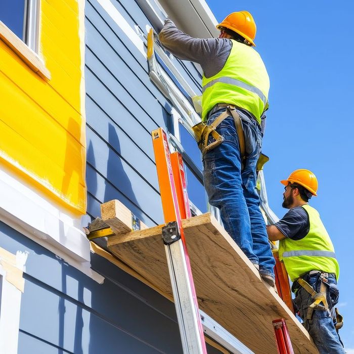 Deux ouvriers du bâtiment peignent une maison, portant des gilets de sécurité et des casques de sécurité, à l'aide d'un échafaudage.