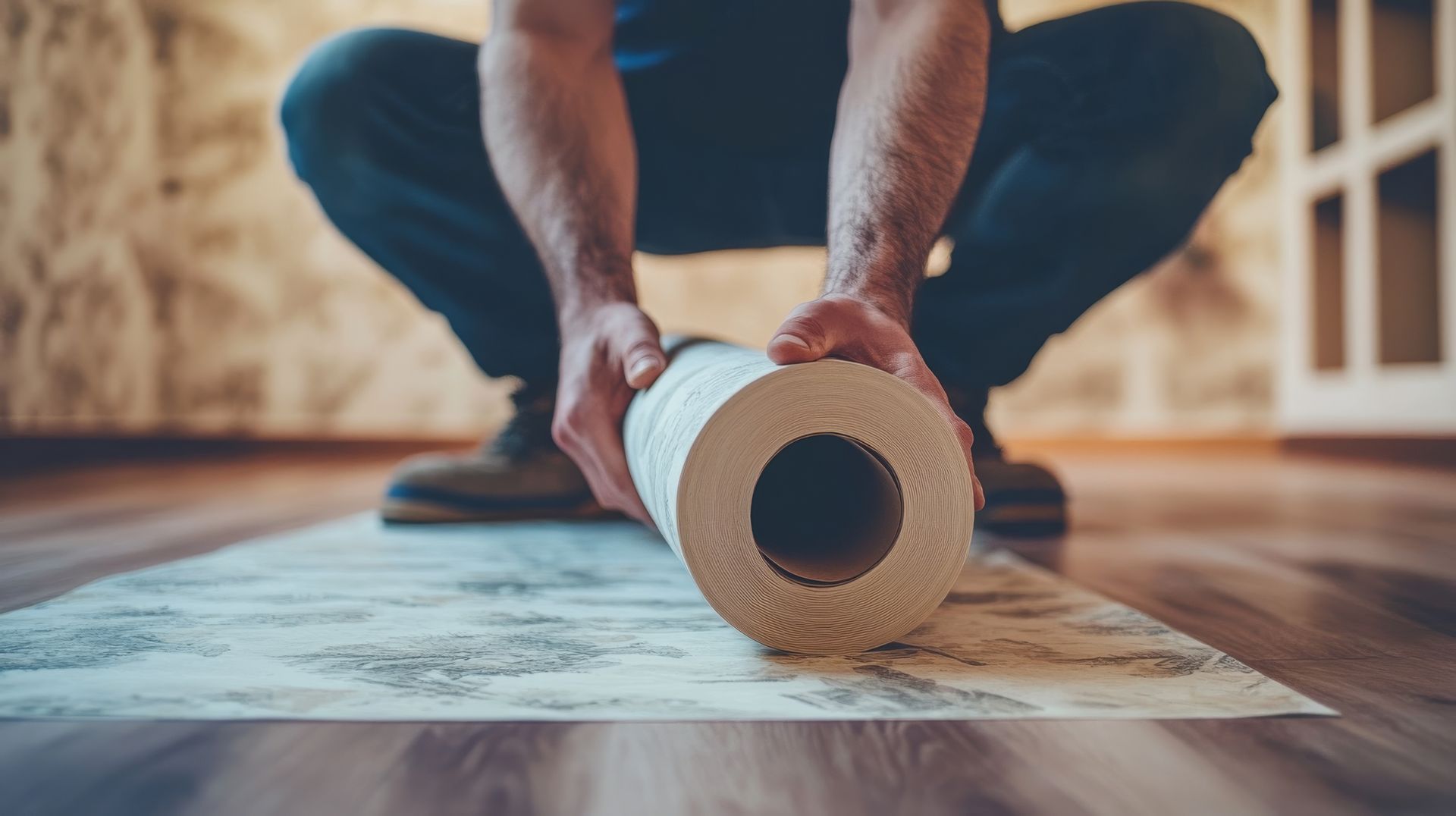 Une personne accroupie tenant un rouleau de papier peint sur le sol.