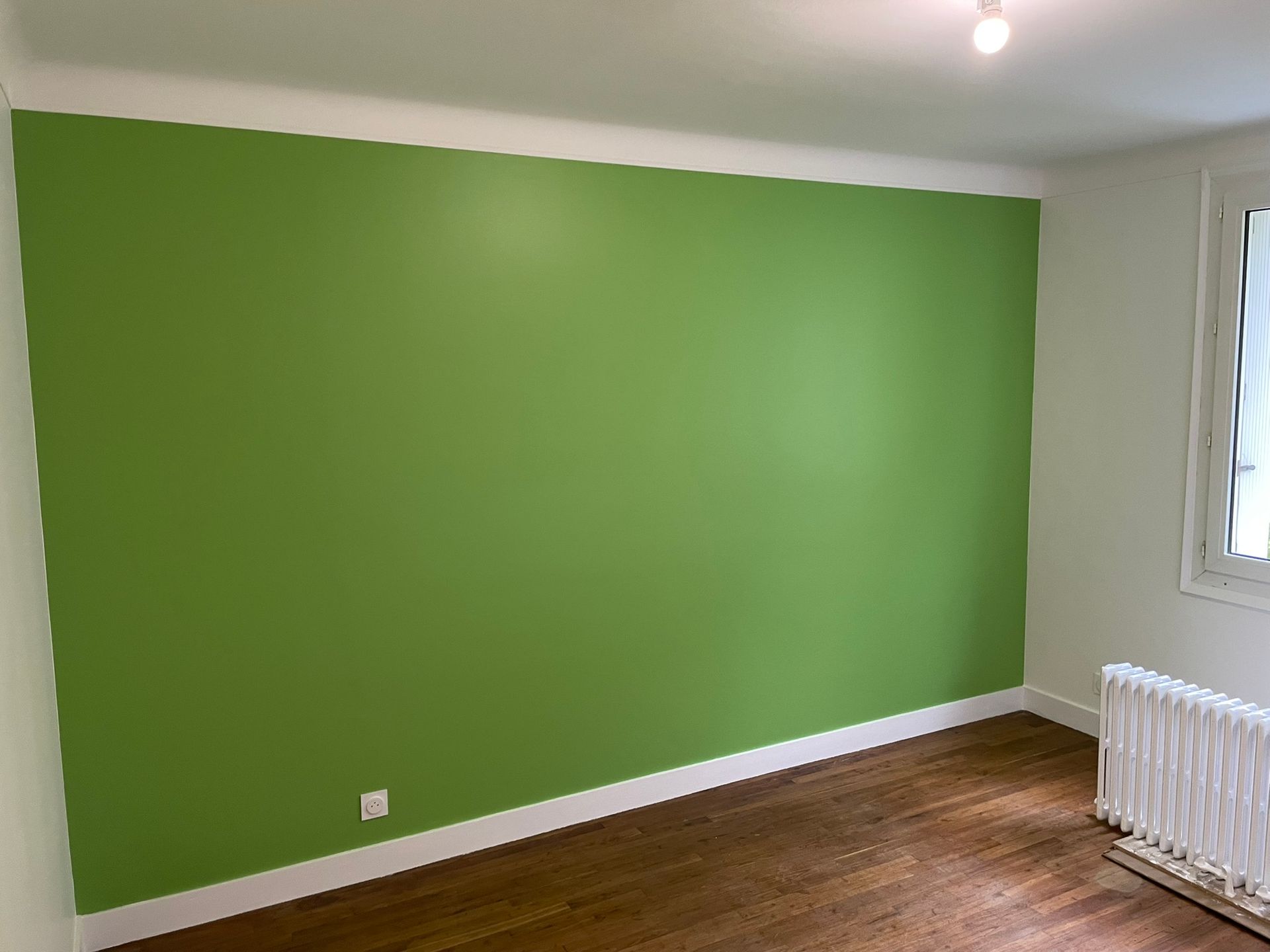 Mur d'accent vert dans une pièce avec des garnitures blanches, du parquet et un radiateur à côté d'une fenêtre.