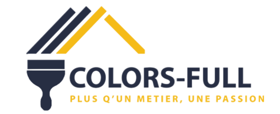 Logo de Colors-Full, une entreprise de peinture. Il repr&eacute;sente un pinceau avec trois traits de peinture bleu marine, jaune et le nom de l'entreprise.
