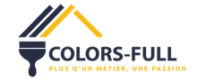 Logo de Colors-Full, une entreprise de peinture. Il repr&eacute;sente un pinceau avec trois traits de peinture bleu marine, jaune et le nom de l'entreprise.