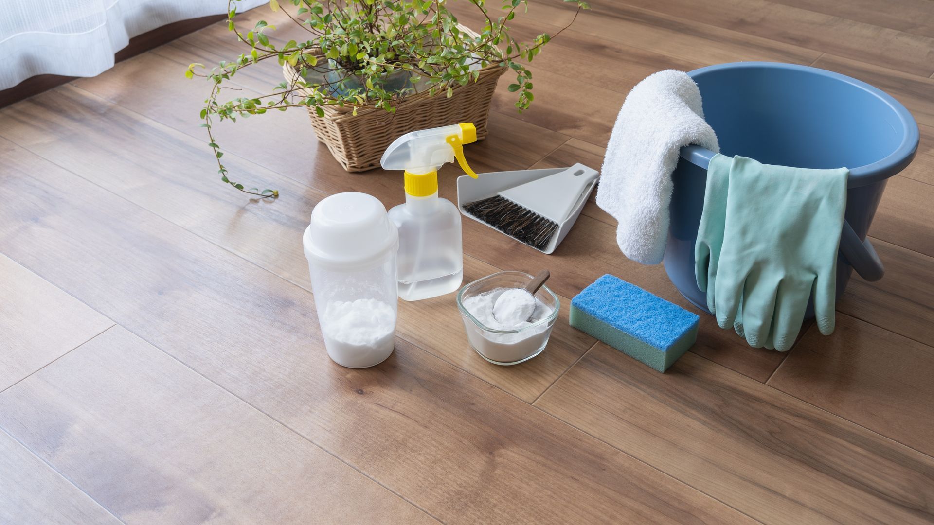 Des produits d’entretien à côté d’un seau bleu posé sur un plancher en bois, avec une serviette et une plante d’intérieur à proximité