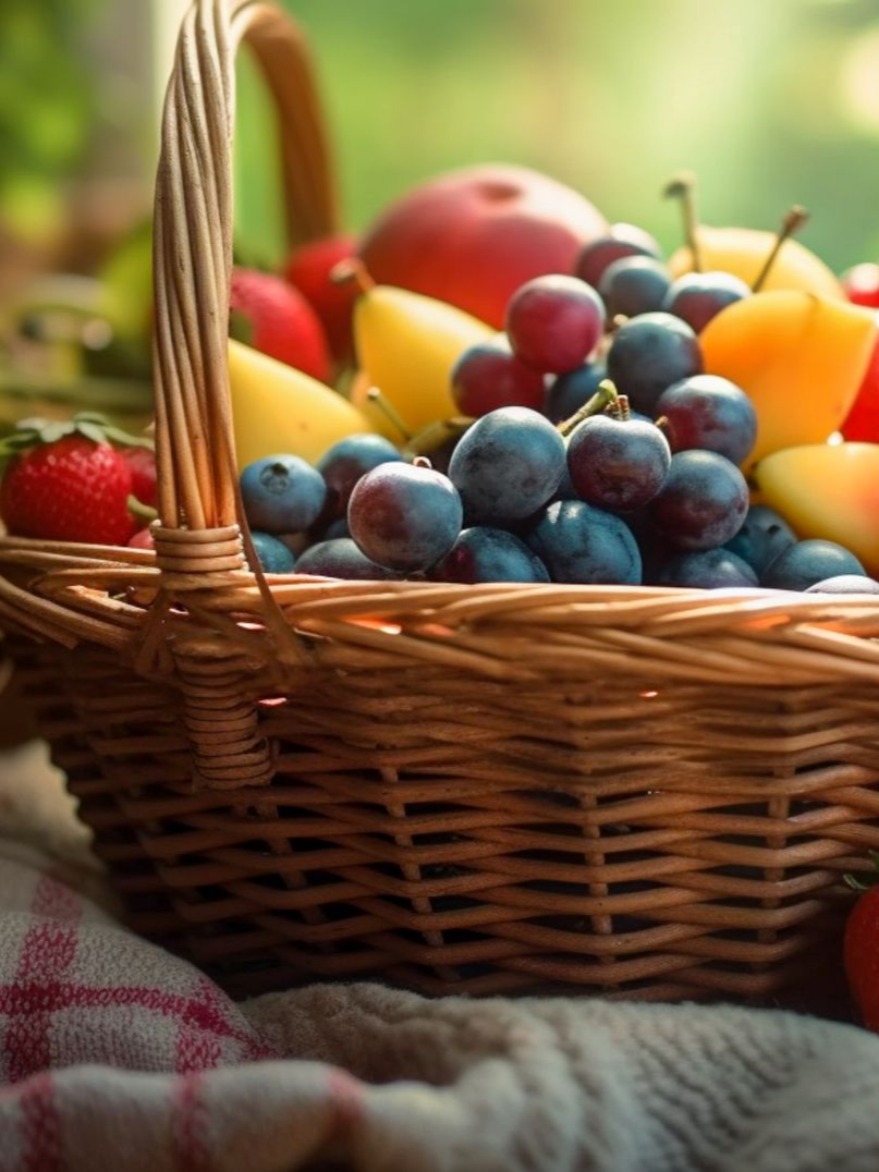 Panier de fruits sur une nappe à carreaux.