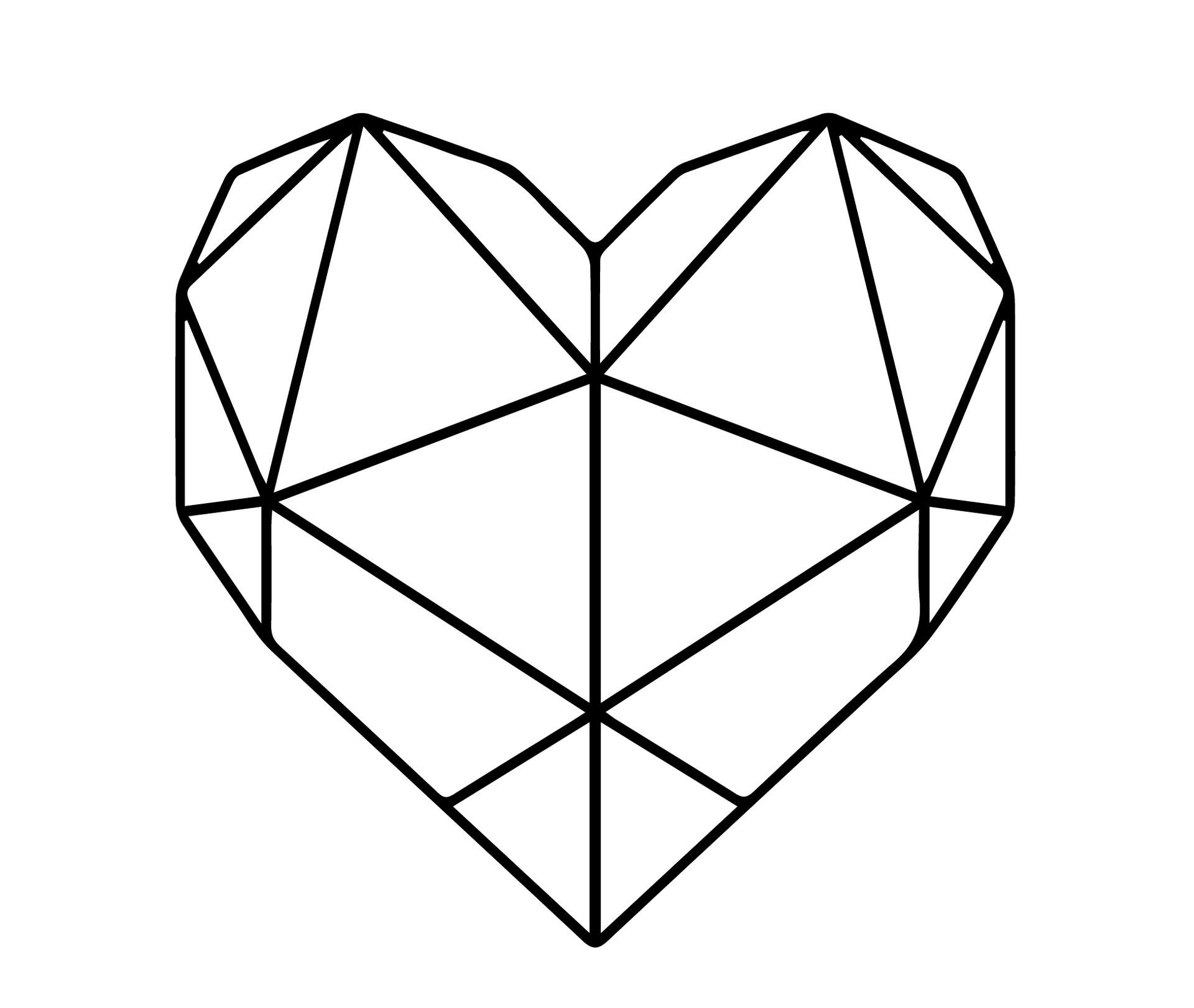 Forma de coraz&oacute;n geom&eacute;trica en blanco y negro con muchas secciones triangulares.