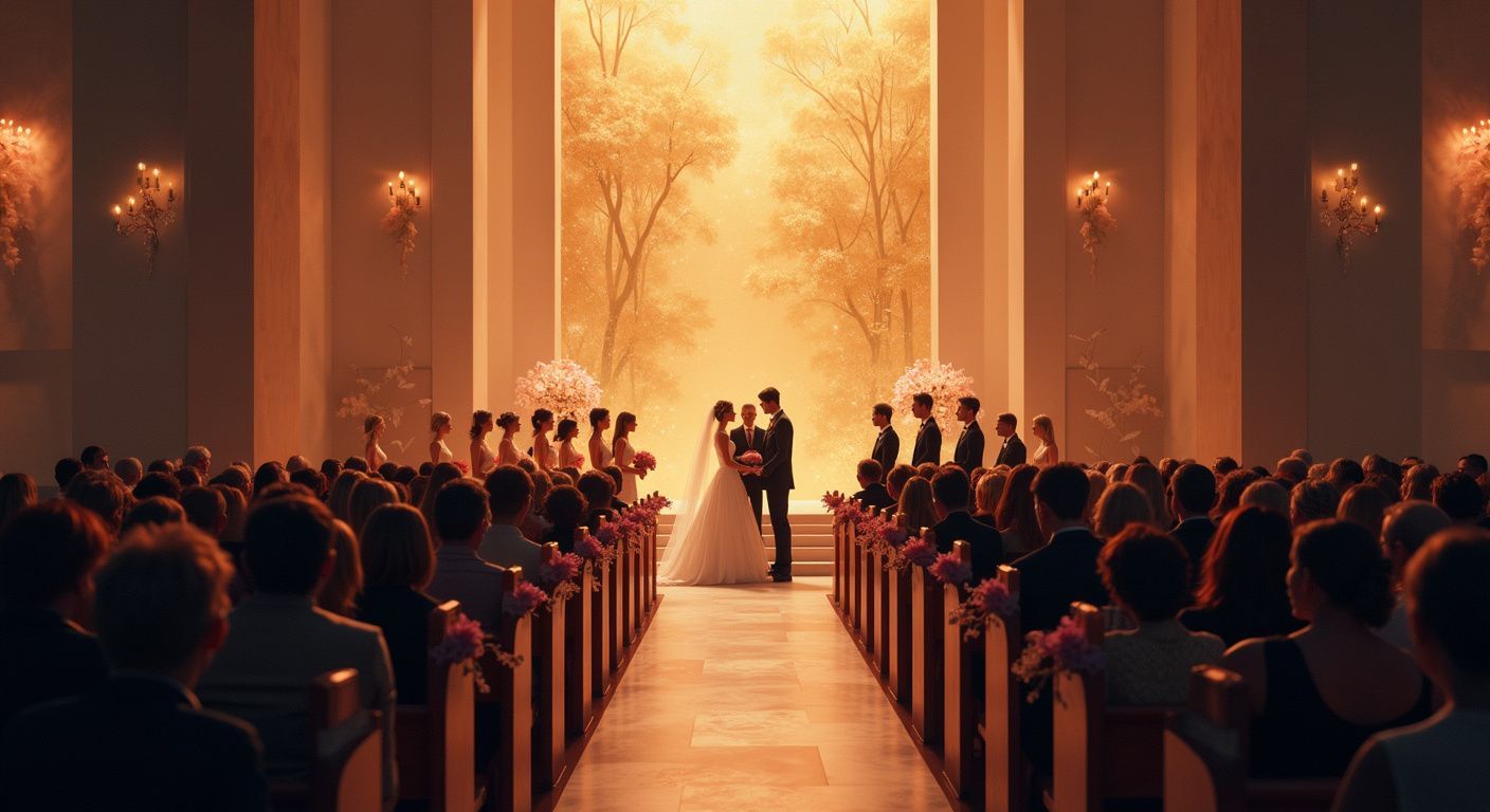 Ceremonia nupcial en una iglesia soleada. Los novios en el altar. Los invitados en los bancos.