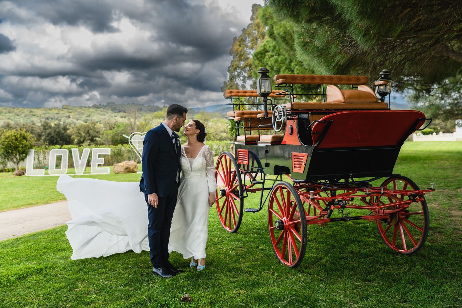 Los recién casados ​​se encuentran cerca de un carruaje tirado por caballos y un cartel que dice 