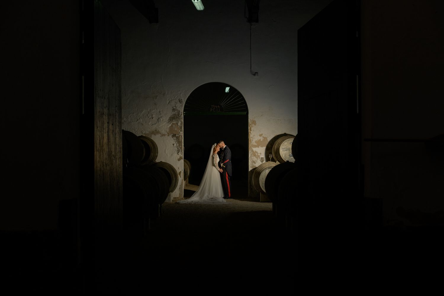 Pareja besándose en una puerta arqueada, con barriles a ambos lados, iluminada por la luz del sol, interior oscuro.