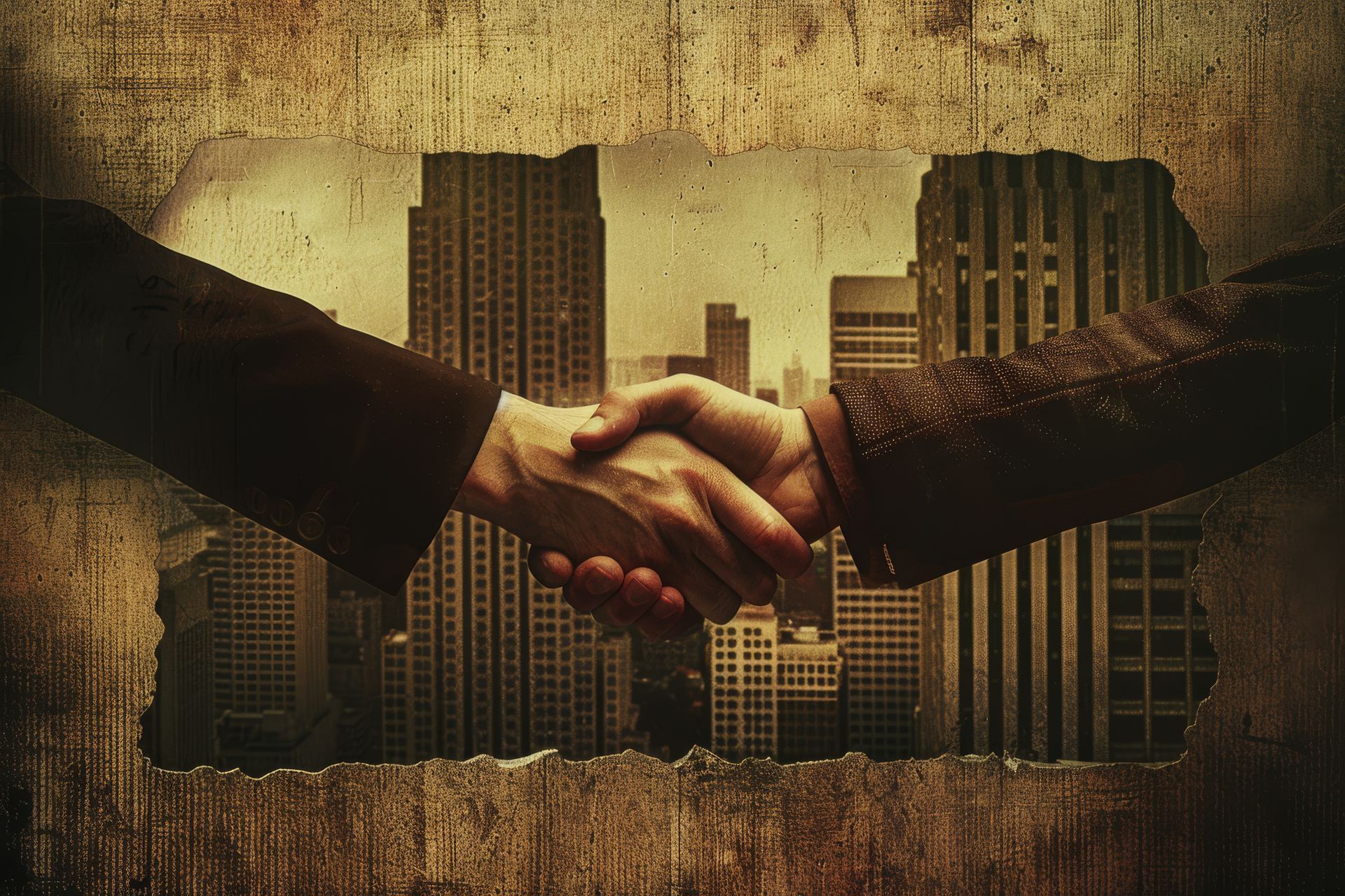 Businessmen qui se serrent la main devant un immeuble