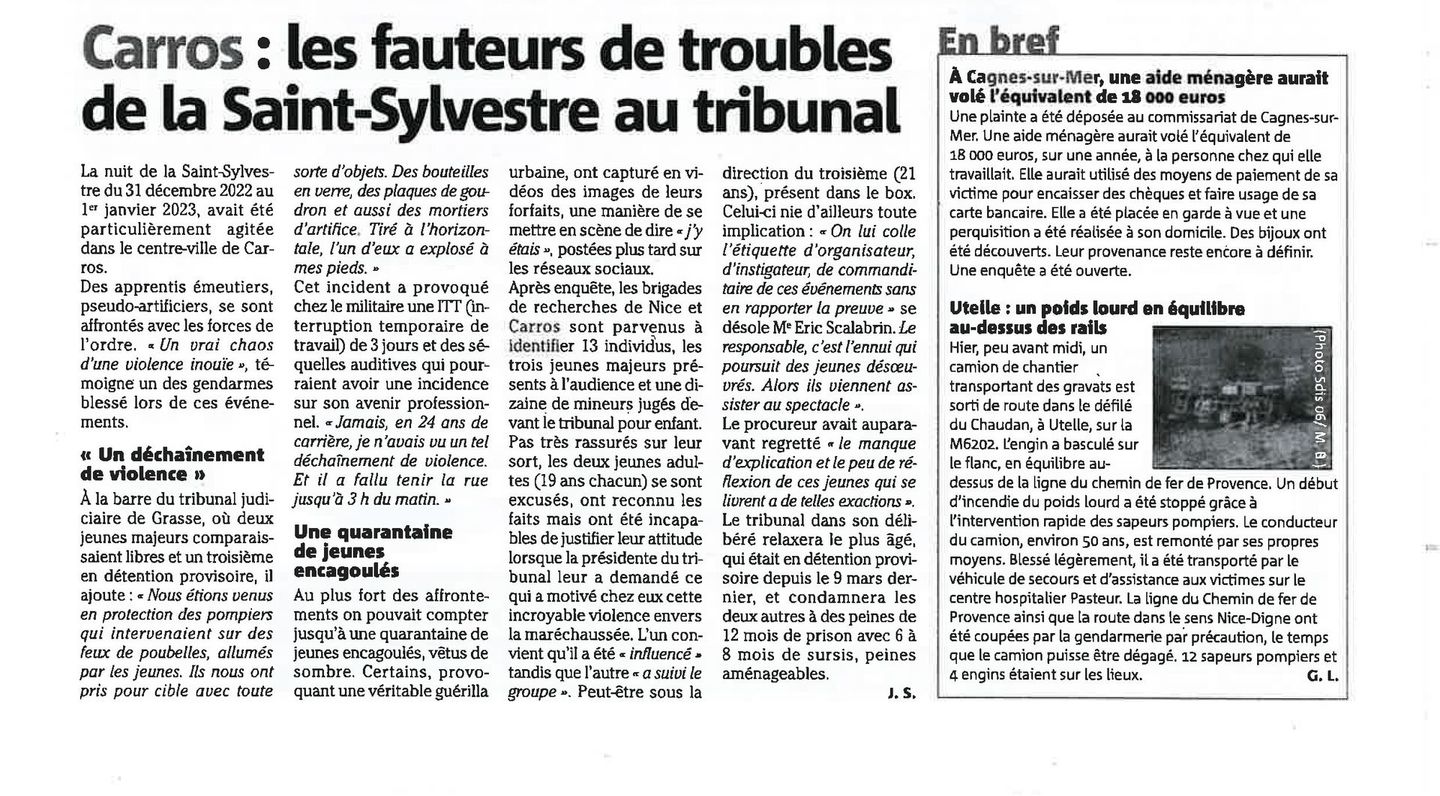 Article de journal sur des fauteurs de troubles