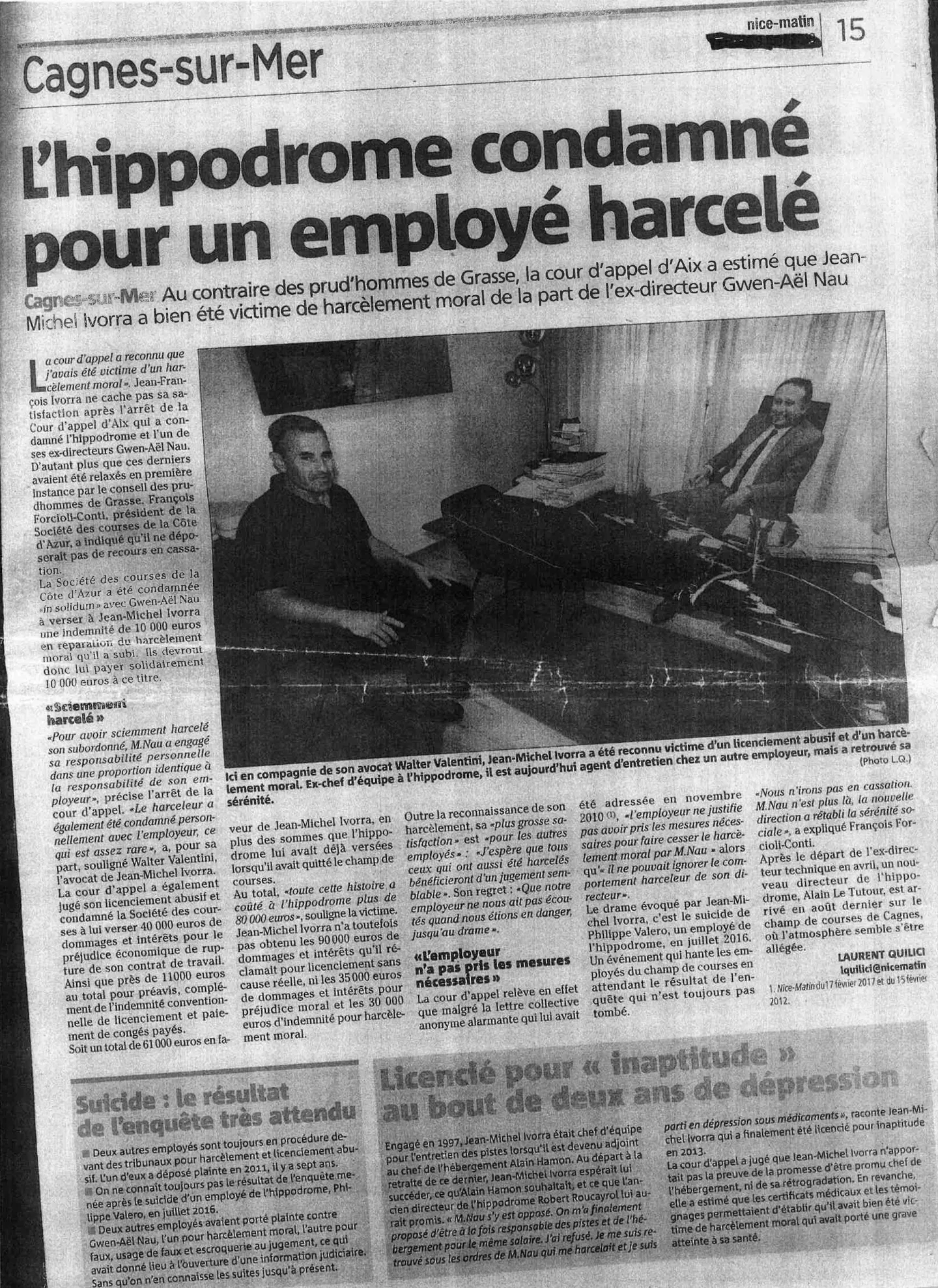 Article de journal sur un employé harcelé