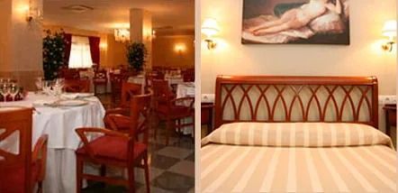 Un restaurante y una habitación de hotel con una cama y un cuadro en la pared.