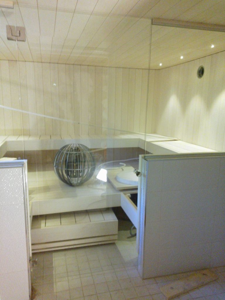 Saunan sisätilat, joissa on vaaleat puupaneelit, lasiseinä ja pallomainen lämmityselementti.