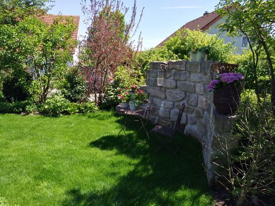 gepflegter Garten mit kleinem Teich und Steinweg