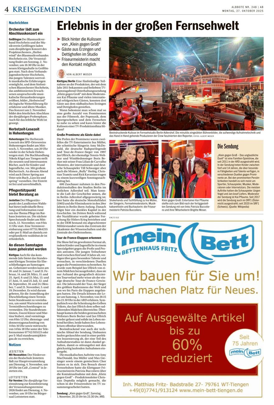 Zeitungsseite mit einem Artikel über Fernsehveranstaltungen und einer Anzeige für das Möbelhaus „mein Bett“ mit Rabatten von bis zu 60 %.