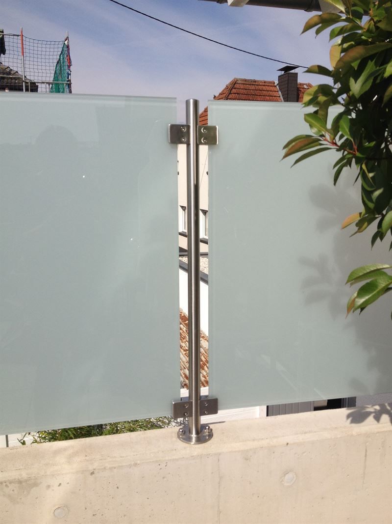 Ein Zaun aus Glas und Edelstahl mit einem Baum im Hintergrund.