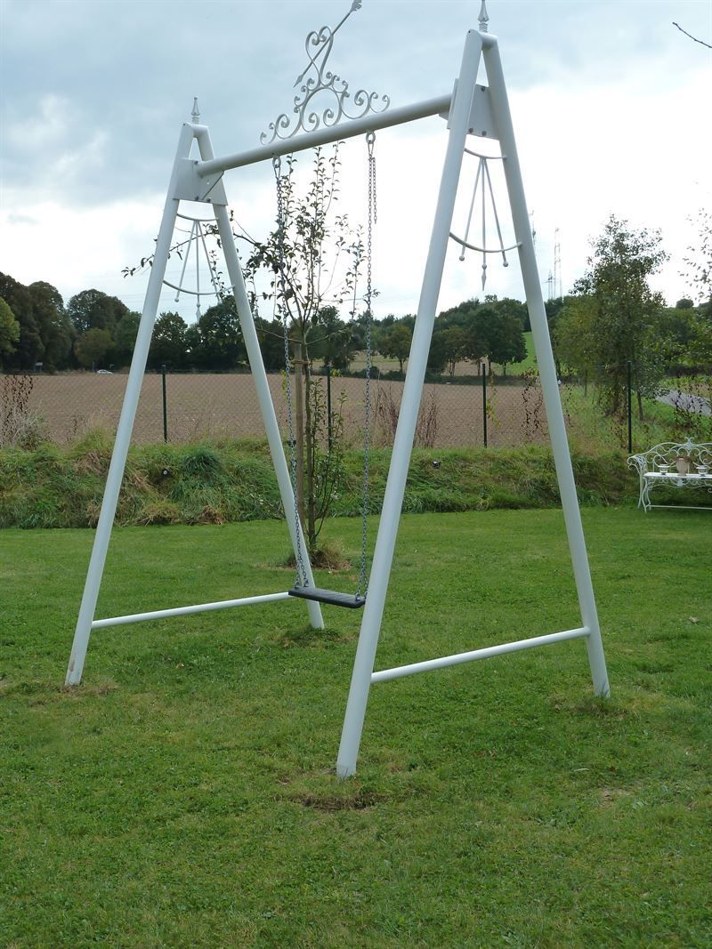 Eine Schaukel steht inmitten einer üppigen grünen Wiese.