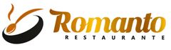 Logotipo de Romanto Restaurante con texto naranja y un icono de swoosh negro y naranja.