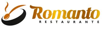Logotipo de Romanto Restaurante con texto naranja y un icono de swoosh negro y naranja.