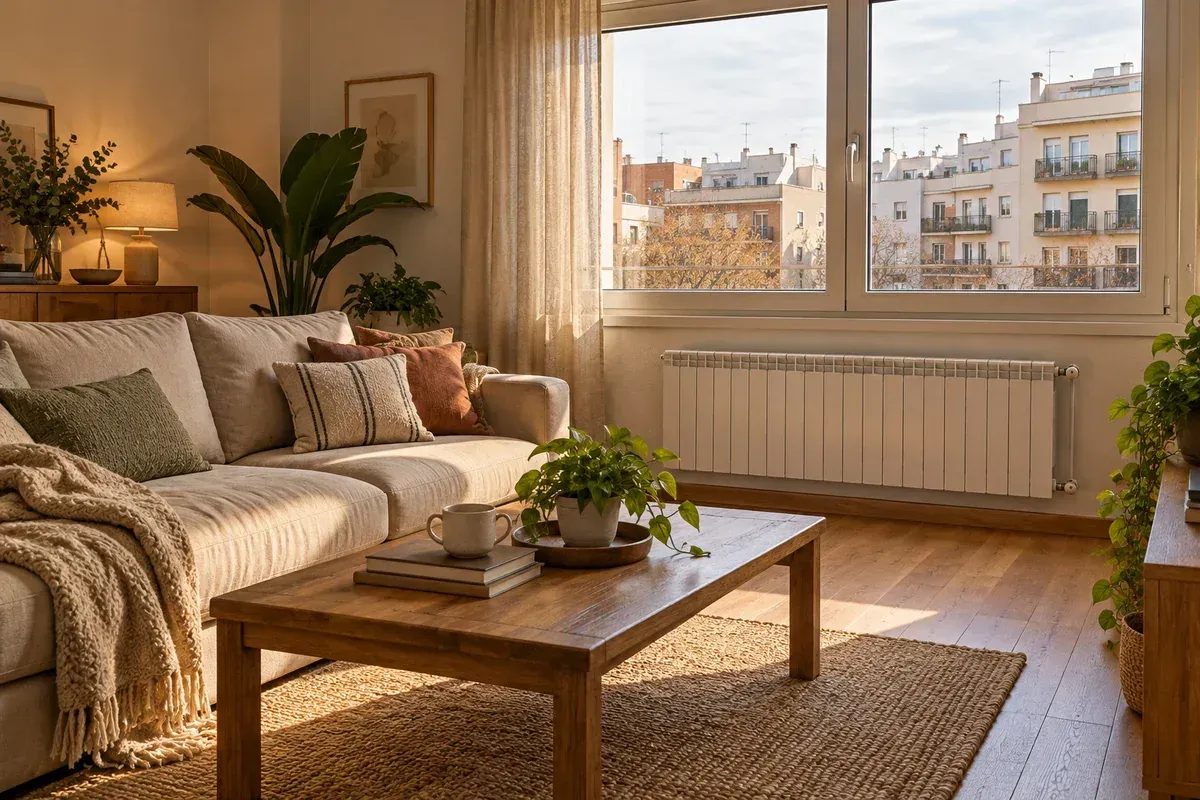 Salón acogedor con radiador de agua y ventanas hacia edificios residenciales