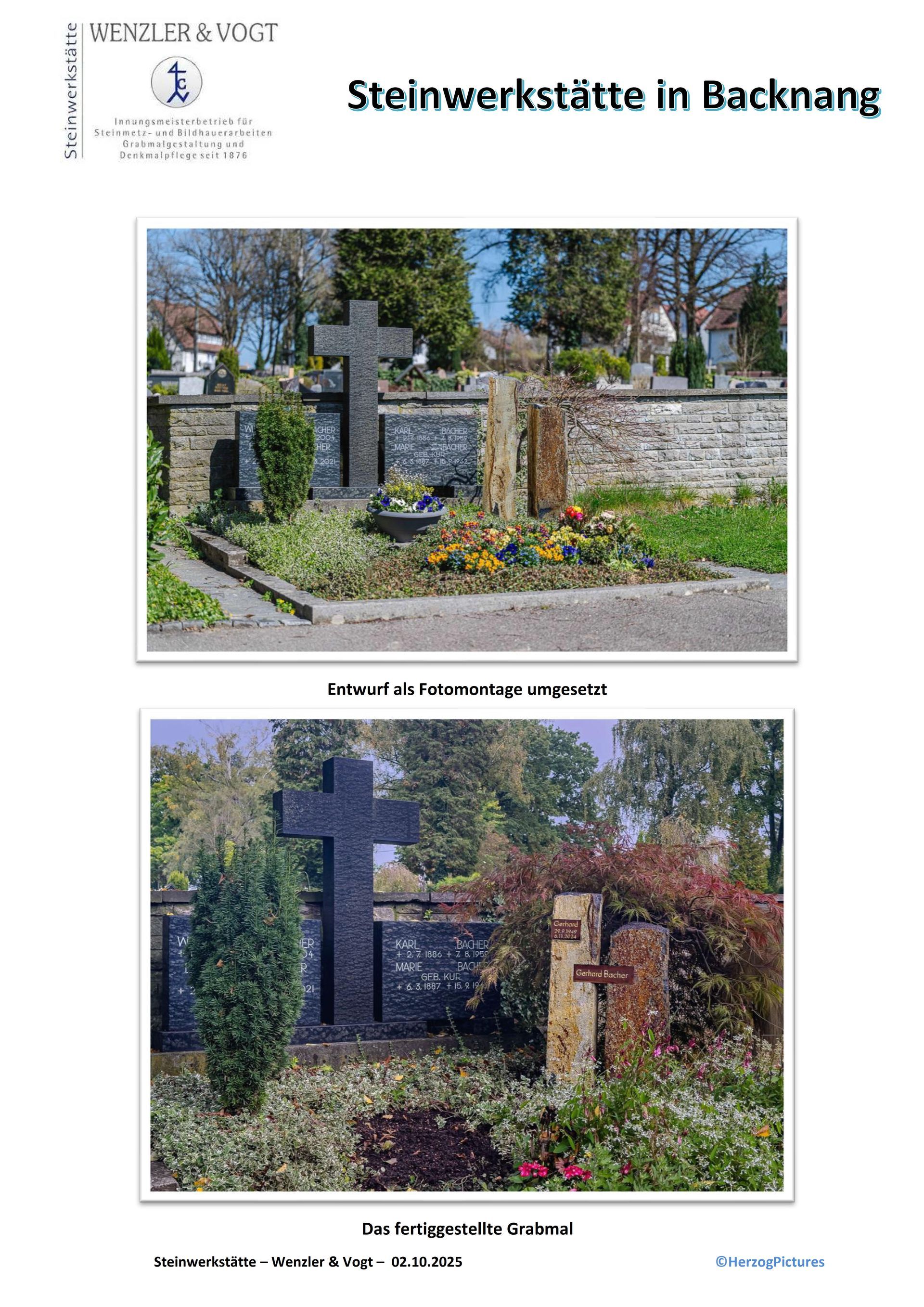 Zwei Grabsteine auf einem Friedhof, einer ein Kreuz, der andere eine Säule, Backnang, Deutschland.